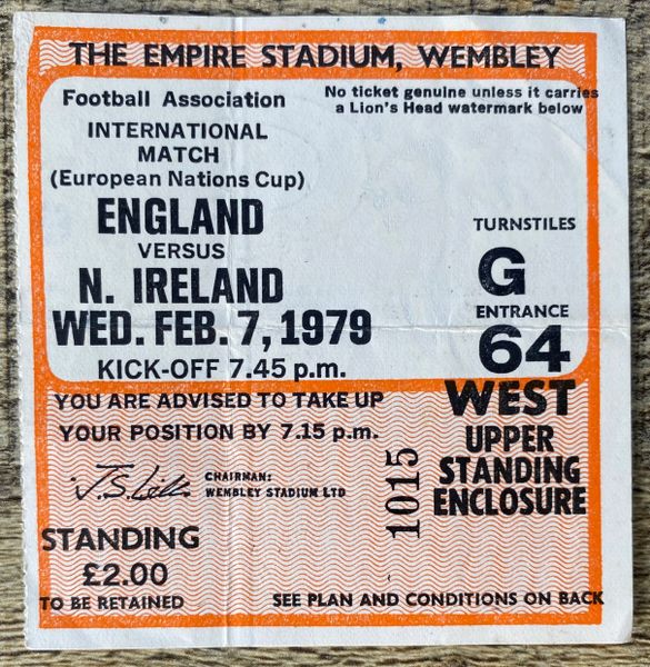 1979 ORIGINAL EUROPEAN CHAMPIONSHIP QUALIFYING TICKET ENGLAND V NORTHERN IRELAND @WEMBLEY