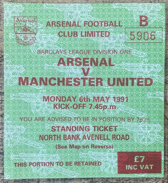 1990/91 ORIGINAL DIVISION ONE LEAGUE TICKET ARSENAL V MANCHESTER UNITED