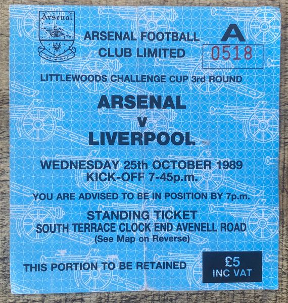 1989/90 ORIGINAL LITTLEWOODS CUP 3RD ROUND TICKET ARSENAL V LIVERPOOL