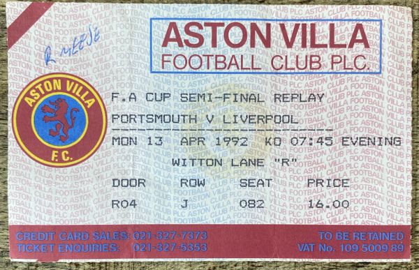 1992 ORIGINAL FA CUP SEMI FINAL REPLAY TICKET PORTSMOUTH v LIVERPOOL (LIVERPOOL ALLOCATION)