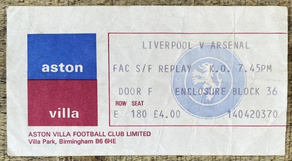 1980 ORIGINAL FA CUP SEMI FINAL REPLAY TICKET LIVERPOOL V ARSENAL @VILLA PARK