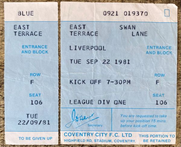 1981/82 ORIGINAL DIVISION ONE TICKET COVENTRY CITY V LIVERPOOL