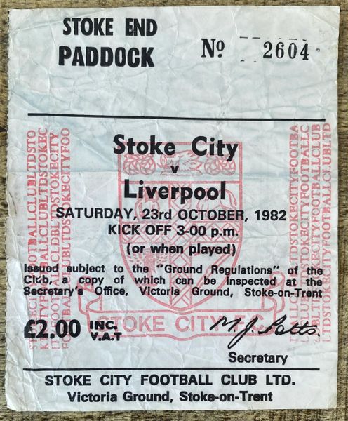 1982/83 ORIGINAL DIVISION ONE TICKET STOKE CITY V LIVERPOOL (VISITORS ALLOCATION)