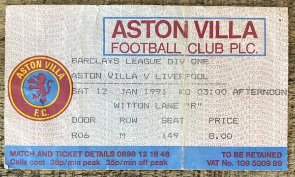 1990/91 ORIGINAL DIVISION 1 TICKET ASTON VILLA V LIVERPOOL