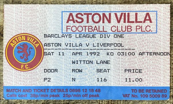 1991/92 ORIGINAL DIVISION 1 TICKET ASTON VILLA V LIVERPOOL