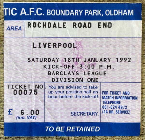 1991/92 ORIGINAL DIVISION ONE TICKET OLDHAM ATHLETIC V LIVERPOOL (VISITORS ALLOCATION)