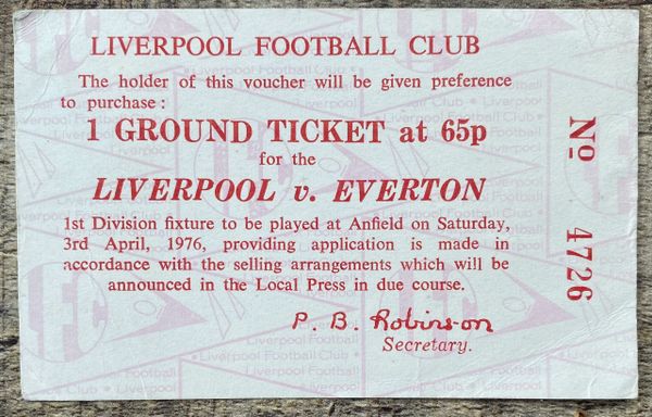 1975/76 ORIGINAL DIVISION ONE VOUCHER FOR TICKET LIVERPOOL V EVERTON