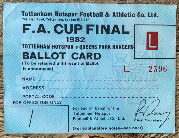 1982 ORIGINAL FA CUP FINAL BALLOT CARD FOR TICKET TOTTENHAM HOTSPUR V QUEENS PARK RANGERS