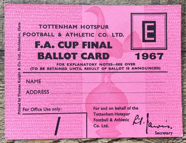 1967 ORIGINAL FA CUP FINAL BALLOT CARD FOR TICKET TOTTENHAM HOTSPUR