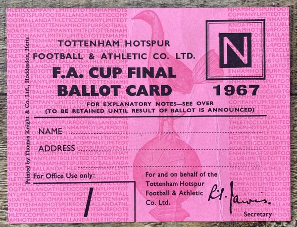 1967 ORIGINAL FA CUP FINAL BALLOT CARD FOR TICKET TOTTENHAM HOTSPUR