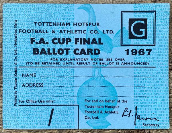 1967 ORIGINAL FA CUP FINAL BALLOT CARD FOR TICKET TOTTENHAM HOTSPUR