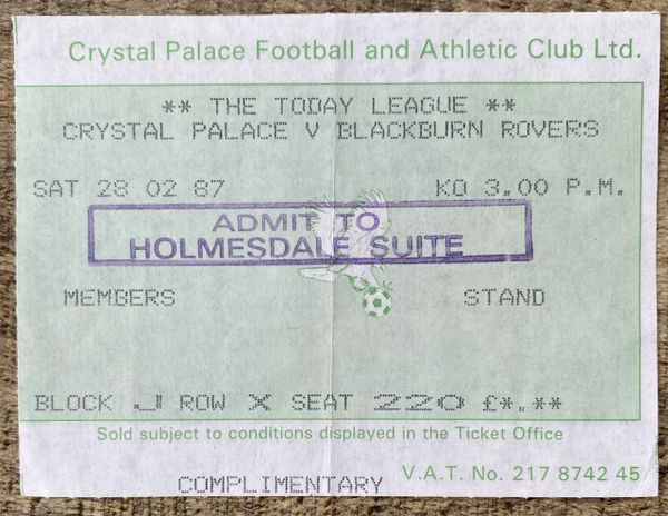 1986/87 ORIGINAL DIVISION TWO TICKET CRYSTAL PALACE V BLACKBURN ROVERS