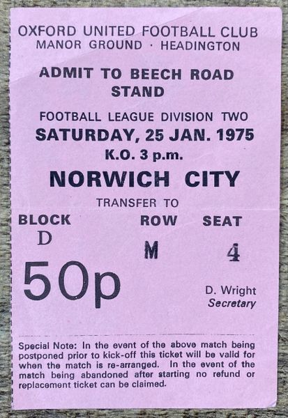 1974/75 ORIGINAL DIVISION TWO TICKET OXFORD UNITED V NORWICH CITY