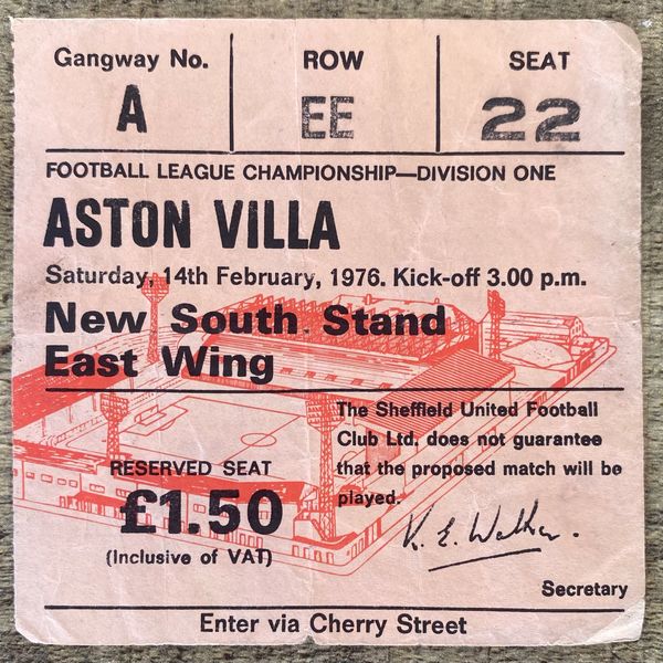 1975/76 ORIGINAL DIVISION ONE TICKET SHEFFIELD UNITED V ASTON VILLA