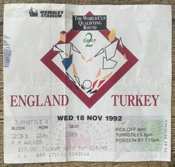 1992 ORIGINAL WORLD CUP QUALIFYING TICKET ENGLAND V TURKEY @WEMBLEY