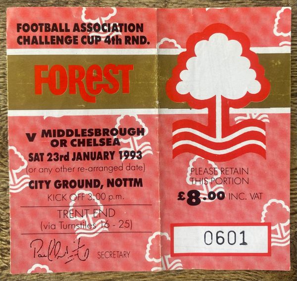 1992/93 ORIGINAL FA CUP CUP 4TH ROUND TICKET NOTTINGHAM FOREST V MIDDLESBROUGH