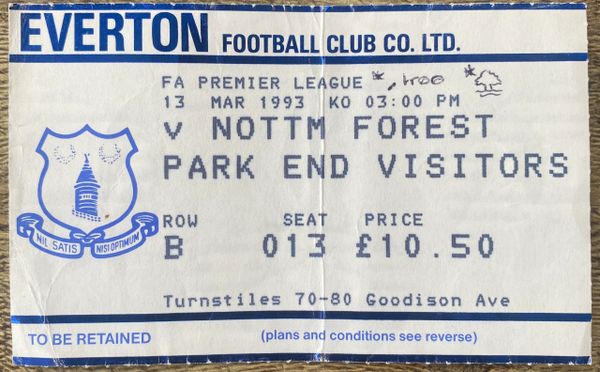 1992/93 ORIGINAL PREMIER LEAGUE TICKET EVERTON V NOTTINGHAM FOREST (FOREST ALLOCATION)