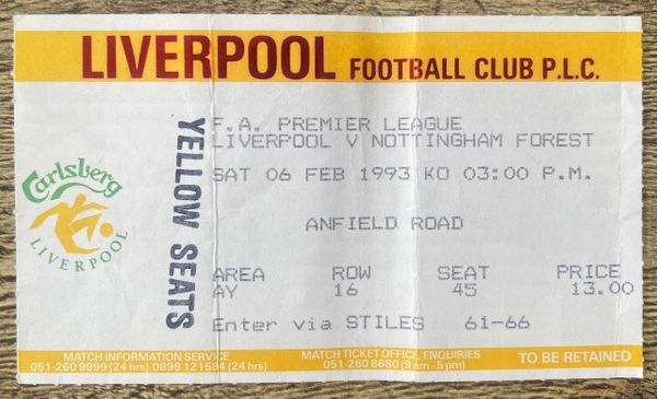 1992/93 ORIGINAL PREMIER LEAGUE TICKET LIVERPOOL V NOTTINGHAM FOREST (FOREST ALLOCATION)