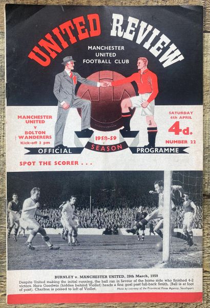 1958/59 ORIGINAL DIVISION ONE PROGRAMME MANCHESTER UNITED V BOLTON WANDERERS (WITH TOKEN)