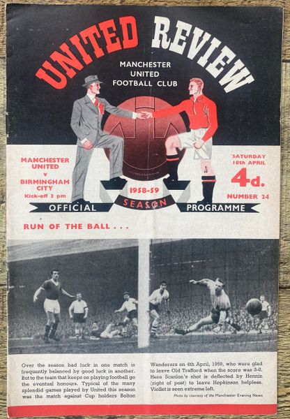 1958/59 ORIGINAL DIVISION ONE PROGRAMME MANCHESTER UNITED V BIRMINGHAM CITY (WITH TOKEN)