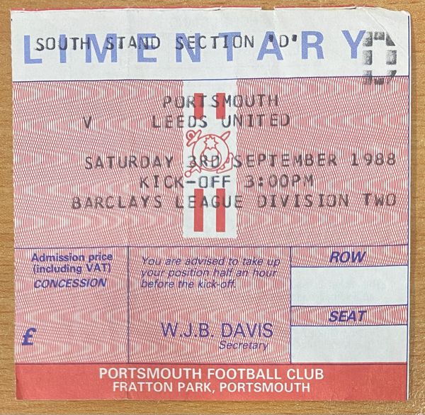 1988/89 ORIGINAL DIVISION TWO TICKET PORTSMOUTH V LEEDS UNITED