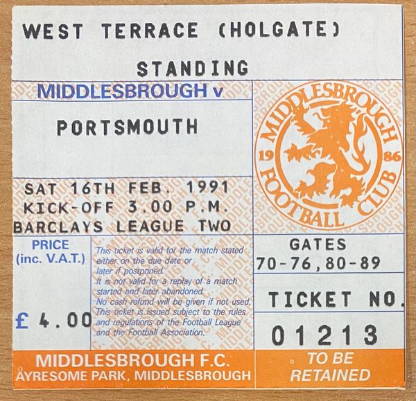 1990/91 ORIGINAL DIVISION TWO TICKET MIDDLESBROUGH V PORTSMOUTH