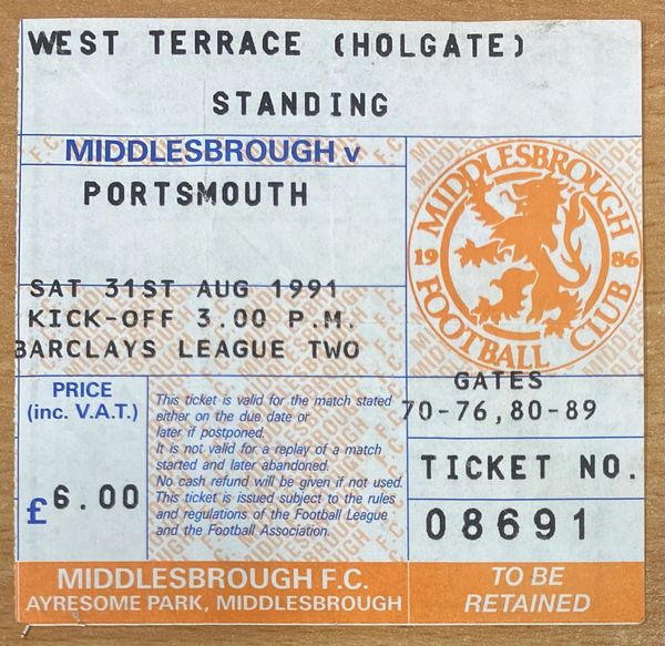 1991/92 ORIGINAL DIVISION TWO TICKET MIDDLESBROUGH V PORTSMOUTH