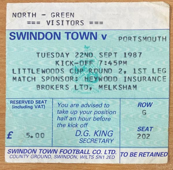 1987/88 ORIGINAL LITTLEWOODS CUP 2ND ROUND 1ST LEG TICKET SWINDON TOWN V PORTSMOUTH (PORTSMOUTH ALLOCATION)