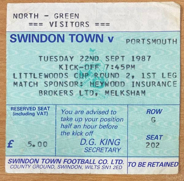 1987/88 ORIGINAL LITTLEWOODS CUP 2ND ROUND 1ST LEG TICKET SWINDON TOWN V PORTSMOUTH (PORTSMOUTH ALLOCATION)