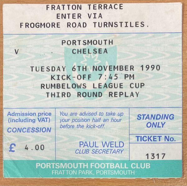 1990/91 ORIGINAL RUMBELOWS CUP 3RD ROUND REPLAY TICKET PORTSMOUTH V CHELSEA