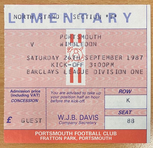 1987/88 ORIGINAL DIVISION ONE TICKET PORTSMOUTH V WIMBLEDON