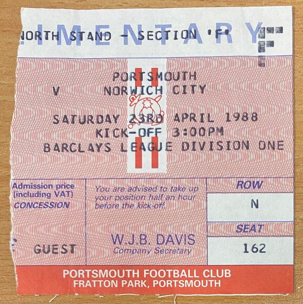 1987/88 ORIGINAL DIVISION ONE TICKET PORTSMOUTH V NORWICH CITY