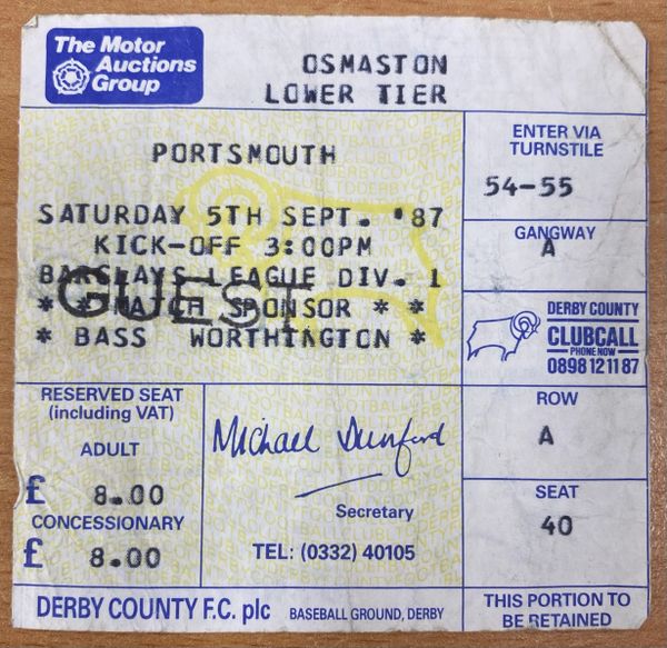 1987/88 ORIGINAL DIVISION ONE TICKET DERBY COUNTY V PORTSMOUTH