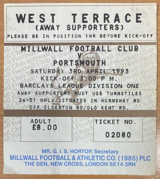 1992/93 ORIGINAL DIVISION ONE TICKET MILLWALL V PORTSMOUTH (PORTSMOUTH ALLOCATION)