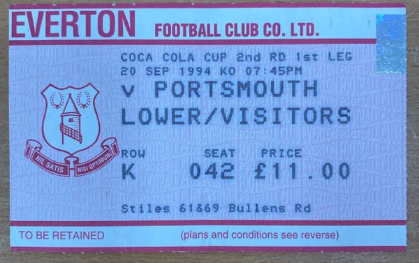 1994/95 COCA COLA CUP 2ND ROUND 1ST LEG TICKET EVERTON V PORTSMOUTH