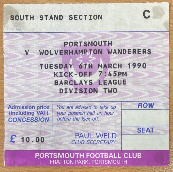 1989/90 ORIGINAL DIVISION TWO TICKET PORTSMOUTH V WOLVERHAMPTON WANDERERS