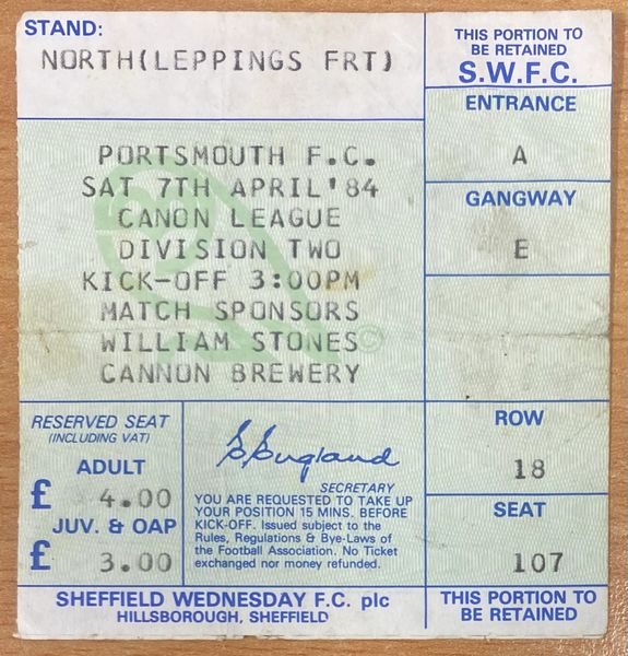 1983/84 ORIGINAL DIVISION TWO TICKET SHEFFIELD WEDNESDAY V PORTSMOUTH