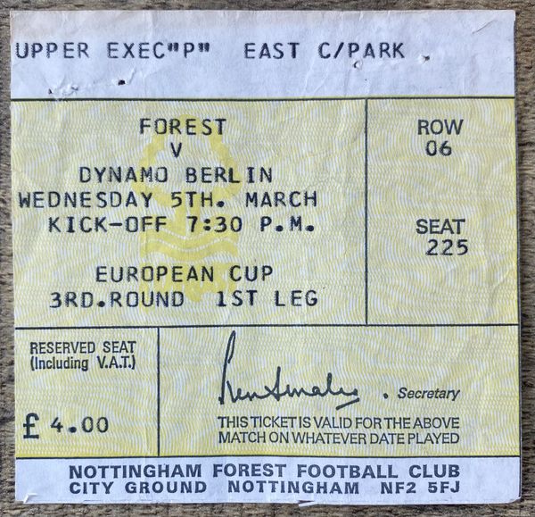 1979/80 ORIGINAL EUROPEAN CUP QUARTER FINAL 1ST LEG TICKET NOTTINGHAM FOREST V DYNAMO BERLIN