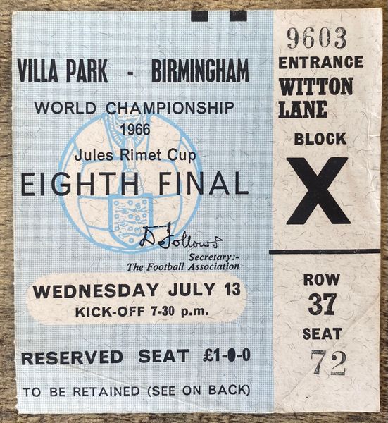 1966 ORIGINAL WORLD CUP 1st ROUND TICKET ARGENTINA V WEST GERMANY @ VILLA PARK