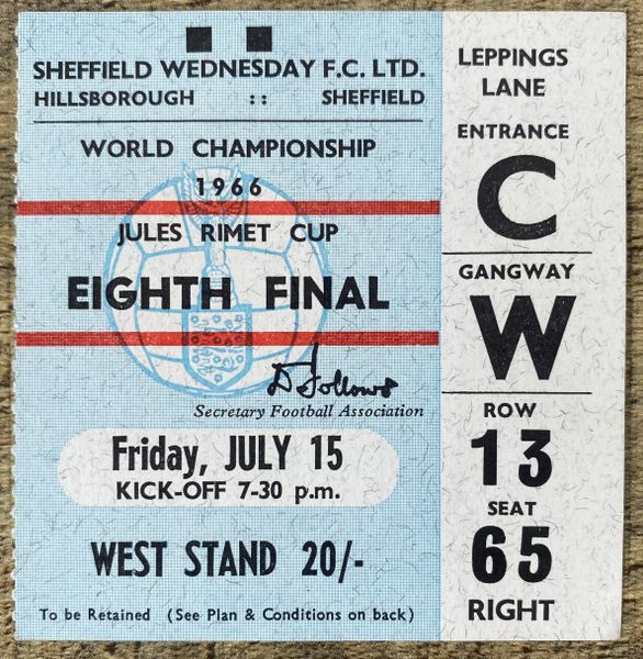 1966 ORIGINAL WORLD CUP 1ST ROUND TICKET SPAIN V SWITZERLAND @ HILLSBOROUGH