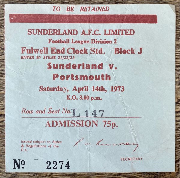 1972/73 ORIGINAL DIVISION TWO TICKET SUNDERLAND V PORTSMOUTH