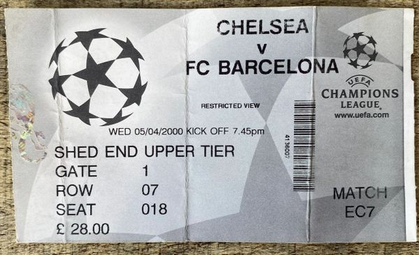 1999/2000 ORIGINAL CHAMPIONS LEAGUE QUARTER FINAL 1ST LEG TICKET CHELSEA V BARCELONA