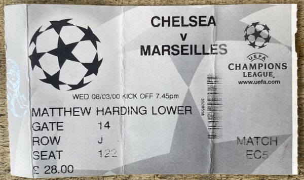 1999/2000 ORIGINAL CHAMPIONS LEAGUE PHASE 2 GROUP TICKET CHELSEA V MARSEILLES