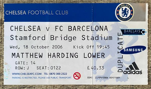 2006/07 ORIGINAL CHAMPIONS LEAGUE GROUP TICKET CHELSEA V BARCELONA