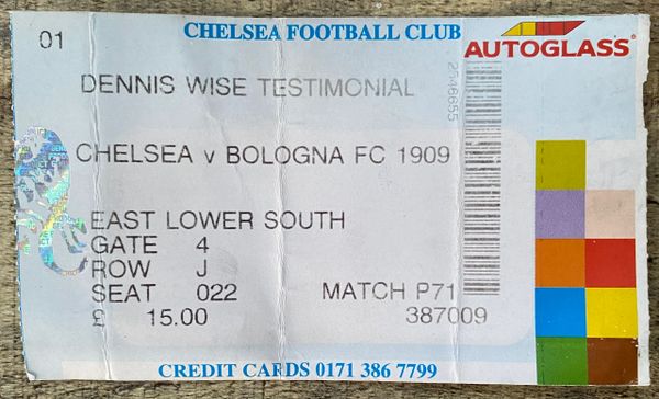 1999 ORIGINAL DENNIS WISE TESTIMONIAL TICKET CHELSEA V BOLOGNA