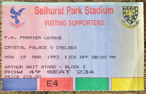 1992/93 ORIGINAL PREMIER LEAGUE TICKET CRYSTAL PALACE V CHELSEA (CHELSEA ALLOCATION)