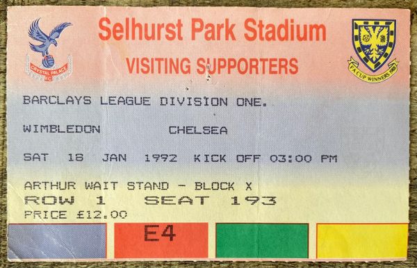 1991/92 ORIGINAL DIVISION ONE TICKET WIMBLEDON V CHELSEA (CHELSEA ALLOCATION)