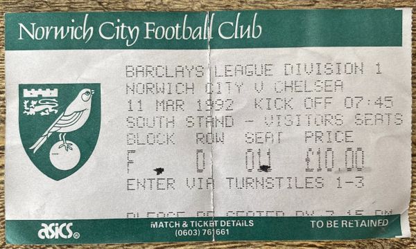 1991/92 ORIGINAL DIVISION ONE TICKET NORWICH CITY V CHELSEA (CHELSEA ALLOCATION)