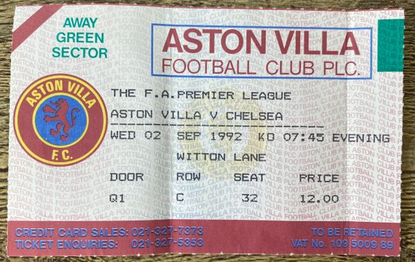 1992/93 ORIGINAL PREMIER LEAGUE TICKET ASTON VILLA V CHELSEA (CHELSEA ALLOCATION)