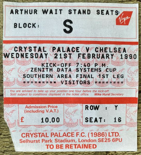 1989/90 ORIGINAL ZENITH DATA SYSTEM CUP SEMI FINAL TICKET CRYSTAL PALACE V CHELSEA (CHELSEA ALLOCATION)